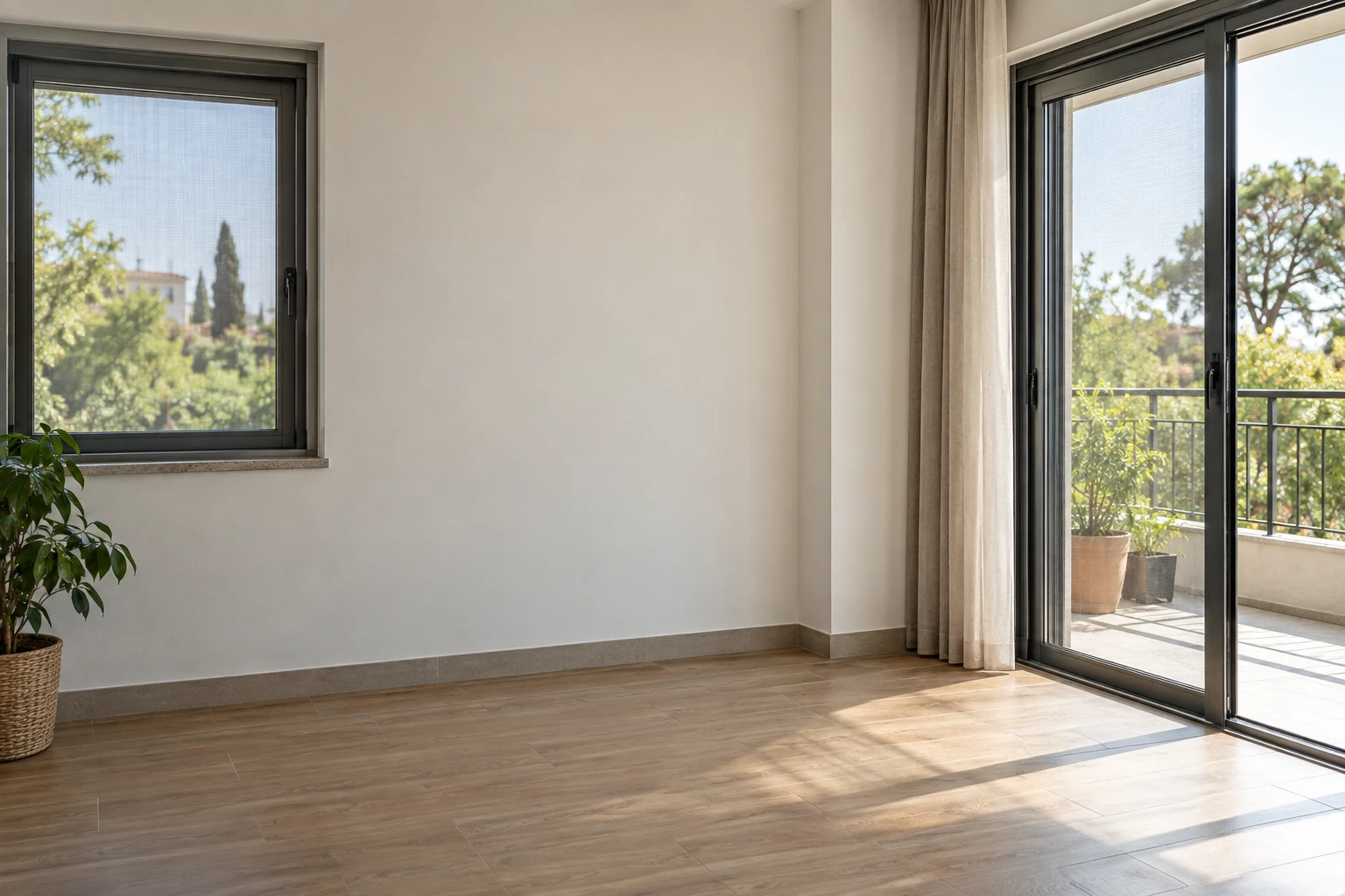 Kahverengi kokarca için örnek balkon odası: pencere çerçevesi, balkon kapısı, sineklik kenarı, perde arkasındaki duvar ve eşik