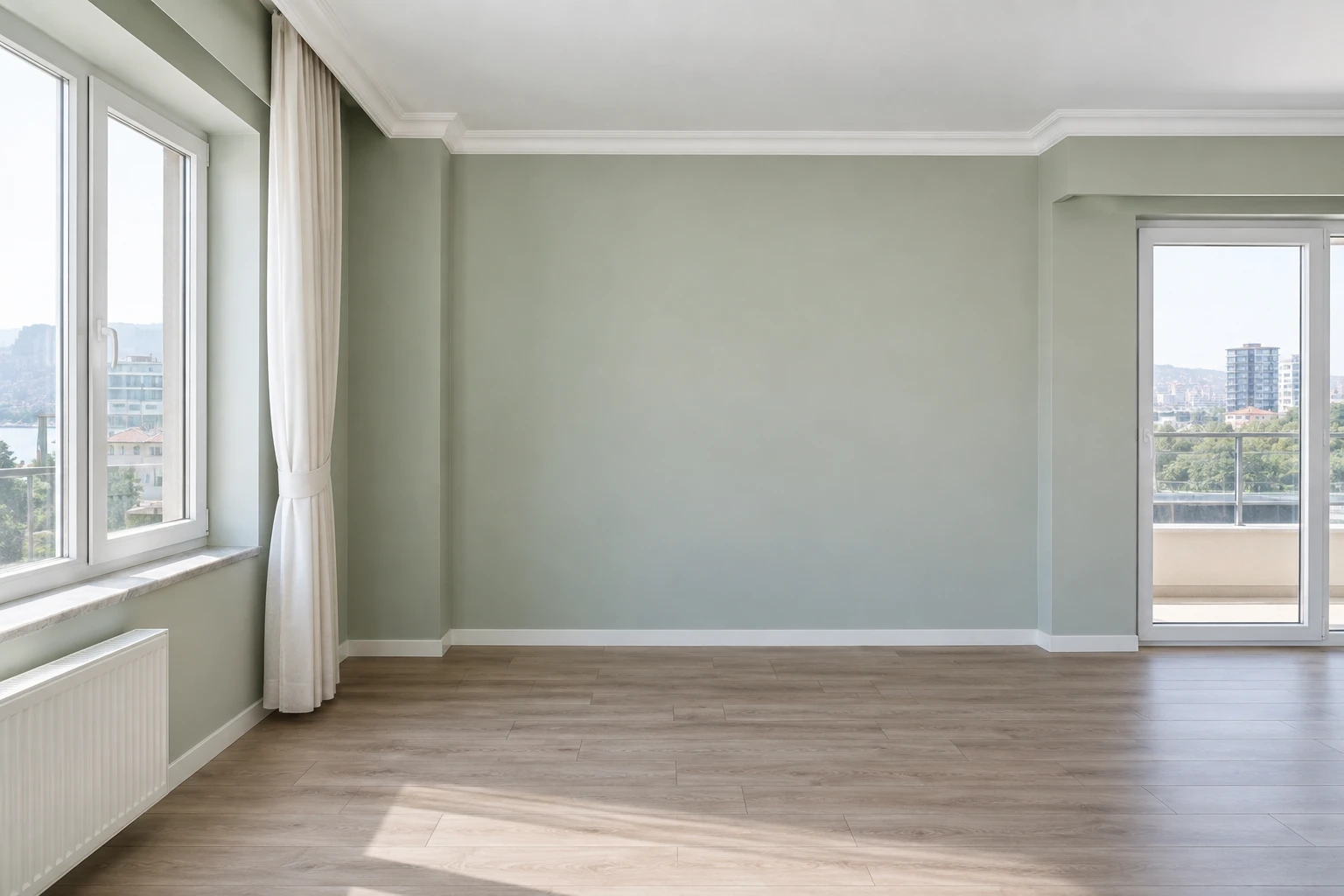 Sivrisinek konma yüzeylerini gösteren örnek oda: pencere çerçevesi, balkon kapısı çevresi, gölgede kalan duvar, perde arkasındaki duvar ve tavan-duvar birleşimi